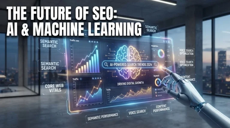 A robot hand touches a glowing holographic interface showing brain graphics, bar charts, and SEO keywords. Text overlay reads: 'THE FUTURE OF SEO: AI & MACHINE LEARNING'.