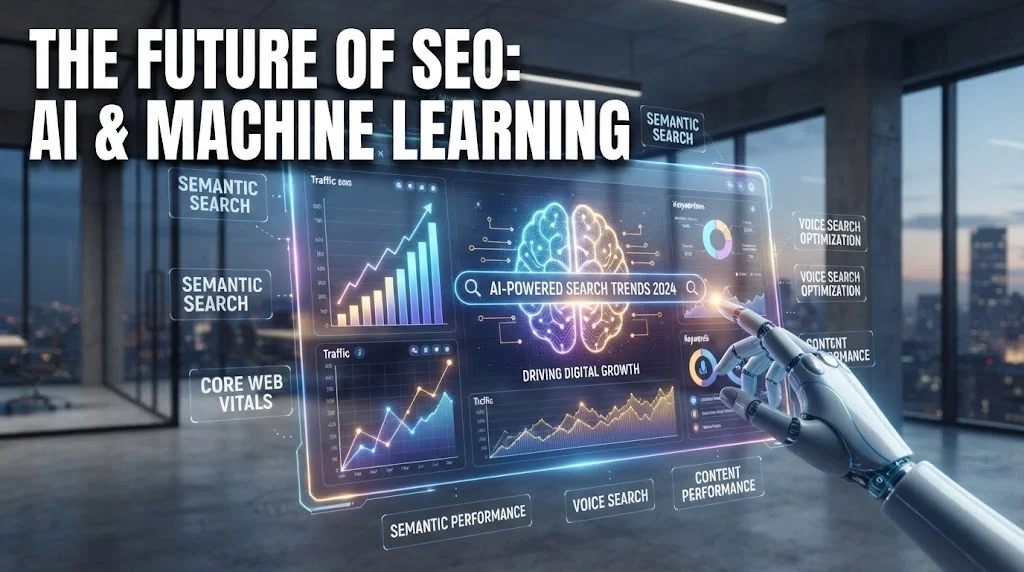 A robot hand touches a glowing holographic interface showing brain graphics, bar charts, and SEO keywords. Text overlay reads: 'THE FUTURE OF SEO: AI & MACHINE LEARNING'.