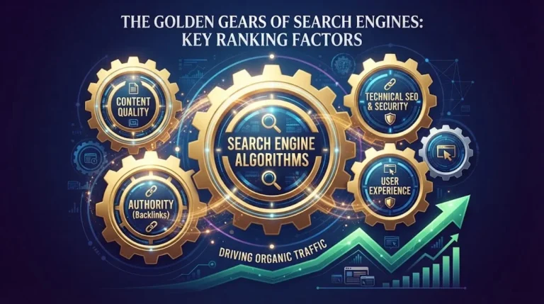 A sophisticated infographic showing a central golden gear labeled "SEARCH ENGINE ALGORITHMS" surrounded by interlocking gears for "CONTENT QUALITY," "AUTHORITY (Backlinks)," "TECHNICAL SEO & SECURITY," and "USER EXPERIENCE.
