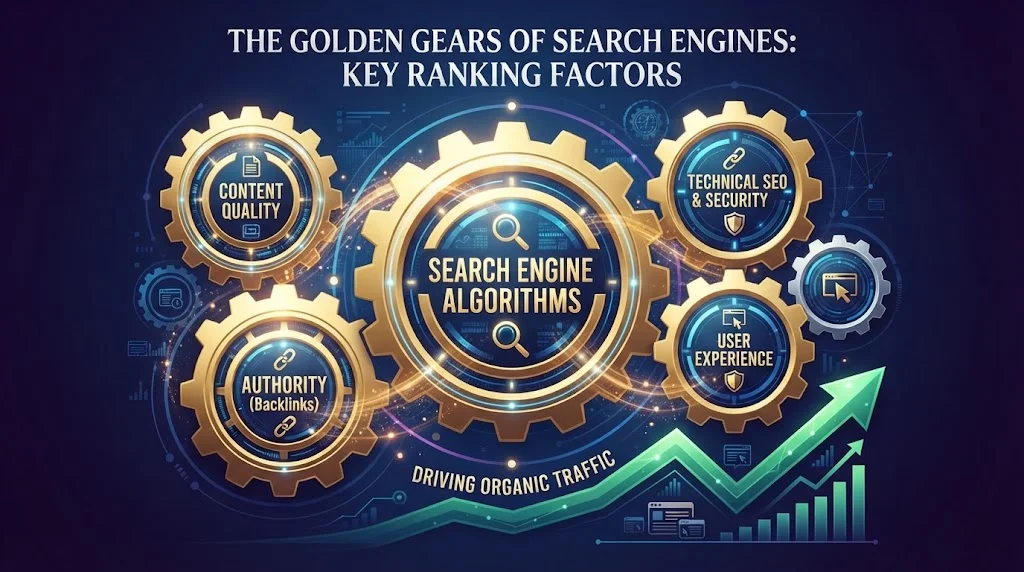 A sophisticated infographic showing a central golden gear labeled "SEARCH ENGINE ALGORITHMS" surrounded by interlocking gears for "CONTENT QUALITY," "AUTHORITY (Backlinks)," "TECHNICAL SEO & SECURITY," and "USER EXPERIENCE.