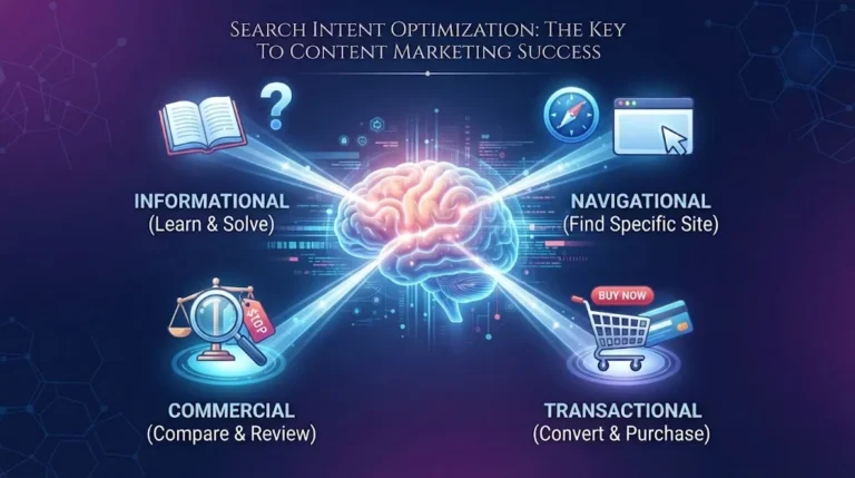Graphic illustrating the four types of search intent: Informational, Navigational, Commercial, and Transactional, centered around a glowing brain and digital network.