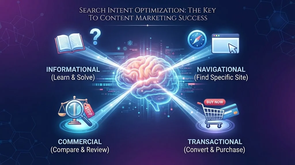 Graphic illustrating the four types of search intent: Informational, Navigational, Commercial, and Transactional, centered around a glowing brain and digital network.