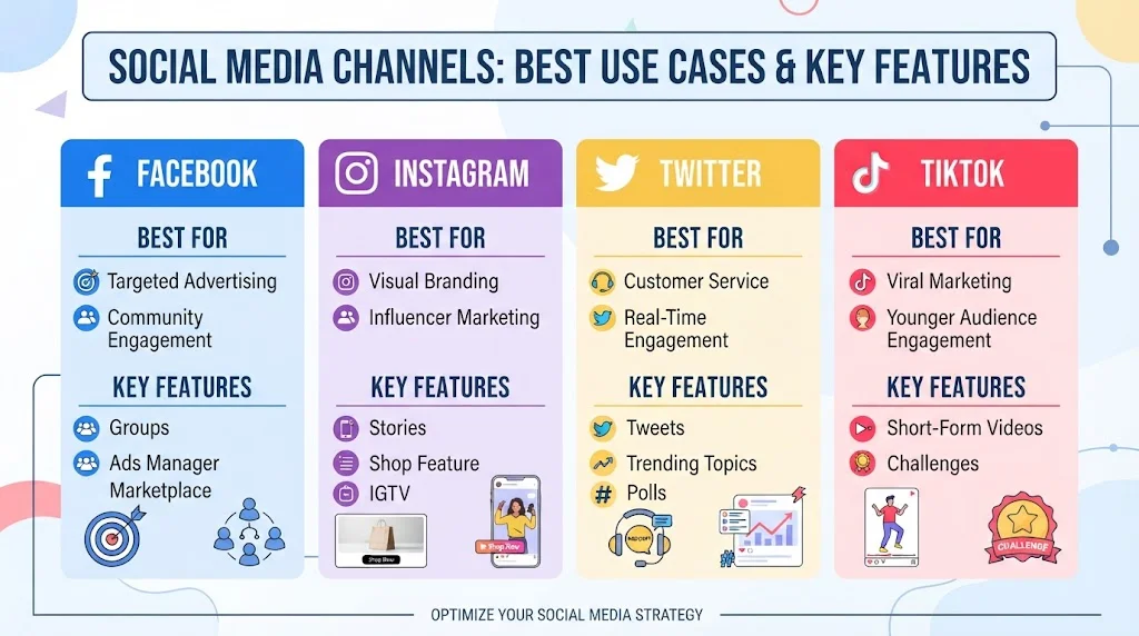 Infographic comparing top social media channels (Facebook, Instagram, Twitter, and TikTok), outlining their best use cases and key features for marketing.