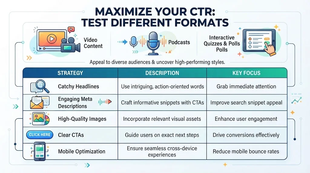 A 16:9 infographic illustrating CTR optimization strategies, featuring icons for video content, podcasts, interactive quizzes, and a structured data table of optimization tips.
