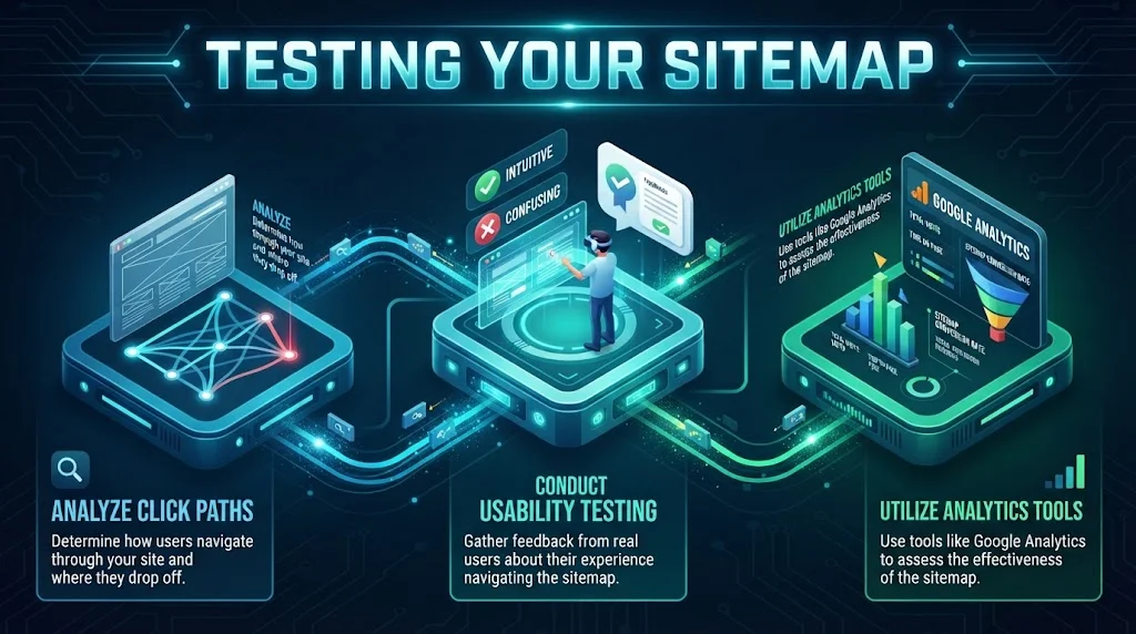 An isometric infographic titled 'TESTING YOUR SITEMAP' illustrating three key methods: Analyze Click Paths (for drop-off points), Conduct Usability Testing (for user feedback), and Utilize Analytics Tools (for performance assessment), all connected by glowing data streams
