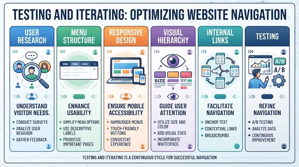 Infographic detailing strategies for testing and iterating website navigation: user research, menu structure, responsive design, visual hierarchy, internal links, and testing.