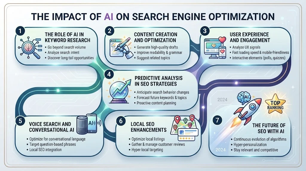 An infographic in a 16:9 ratio titled 'THE IMPACT OF AI ON SEARCH ENGINE OPTIMIZATION' featuring seven numbered steps from keyword research to future ranking strategies.