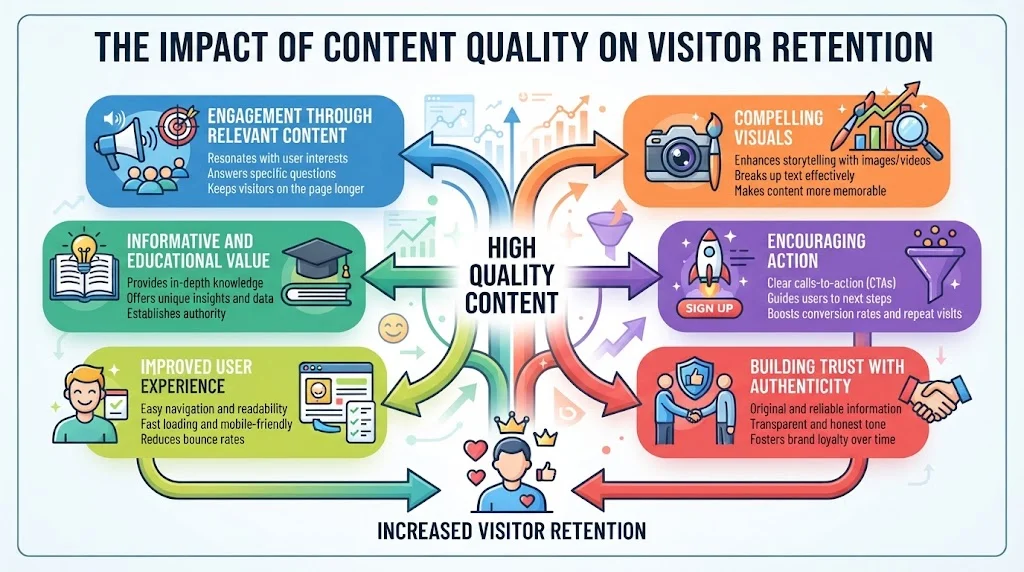 An infographic titled "The Impact of Content Quality on Visitor Retention" featuring six interconnected elements: Engagement Through Relevant Content, Informative and Educational Value, Improved User Experience, Compelling Visuals, Encouraging Action, and Building Trust with Authenticity.