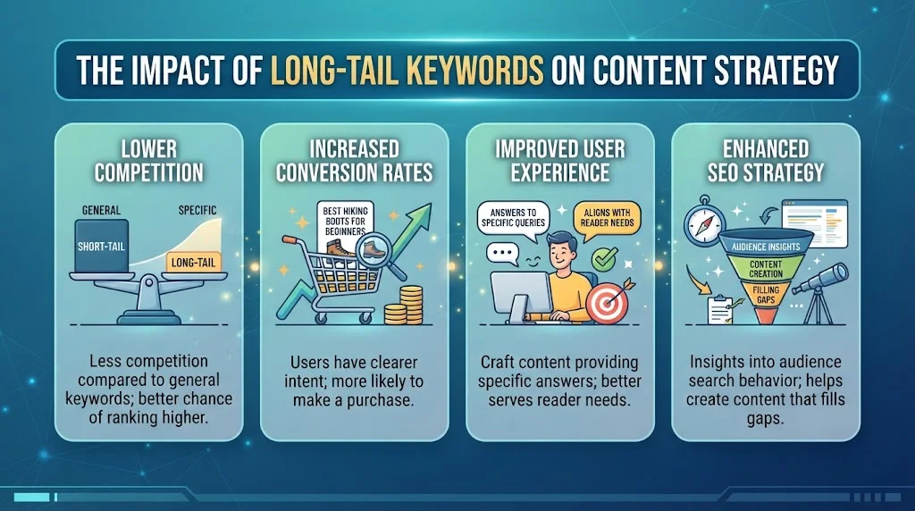 Infographic highlighting the impact of long-tail keywords on content strategy, featuring four key benefits: lower competition, increased conversion rates, improved user experience, and enhanced SEO strategy.