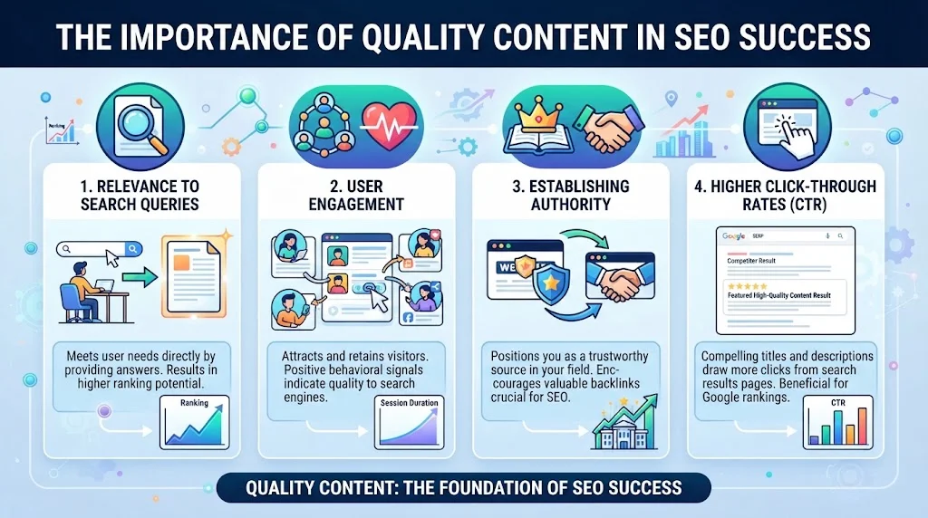 An infographic illustrating the four key factors of SEO success: search query relevance, user engagement, authority building, and higher click-through rates.
