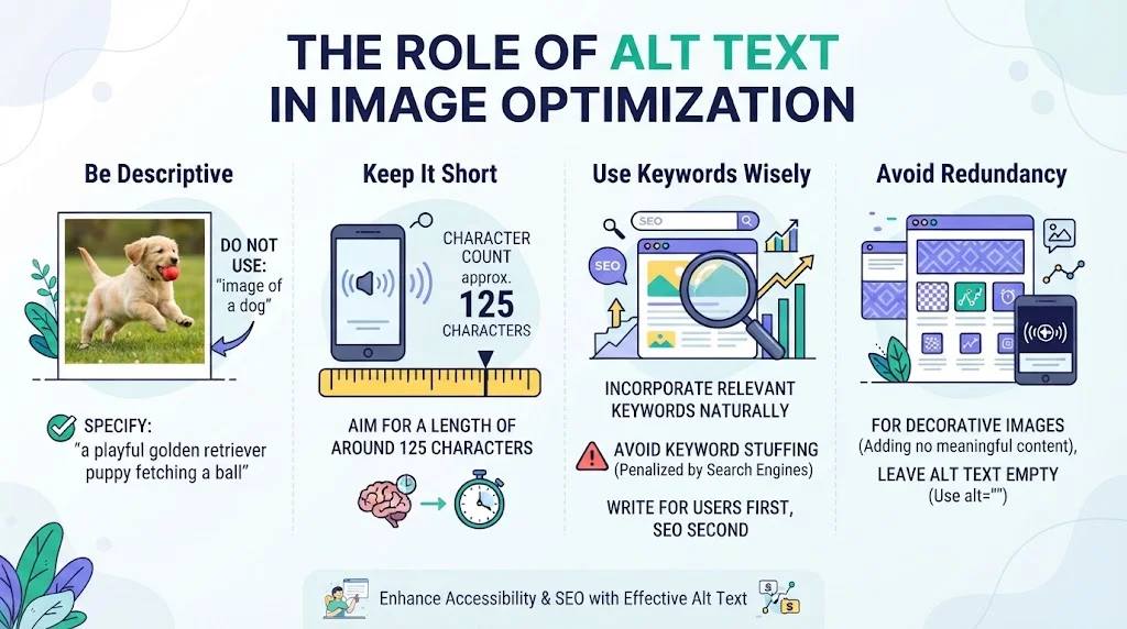 Infographic detailing the role of alt text in image optimization, covering best practices like being descriptive, keeping length around 125 characters, using keywords wisely, and avoiding redundancy for decorative images.