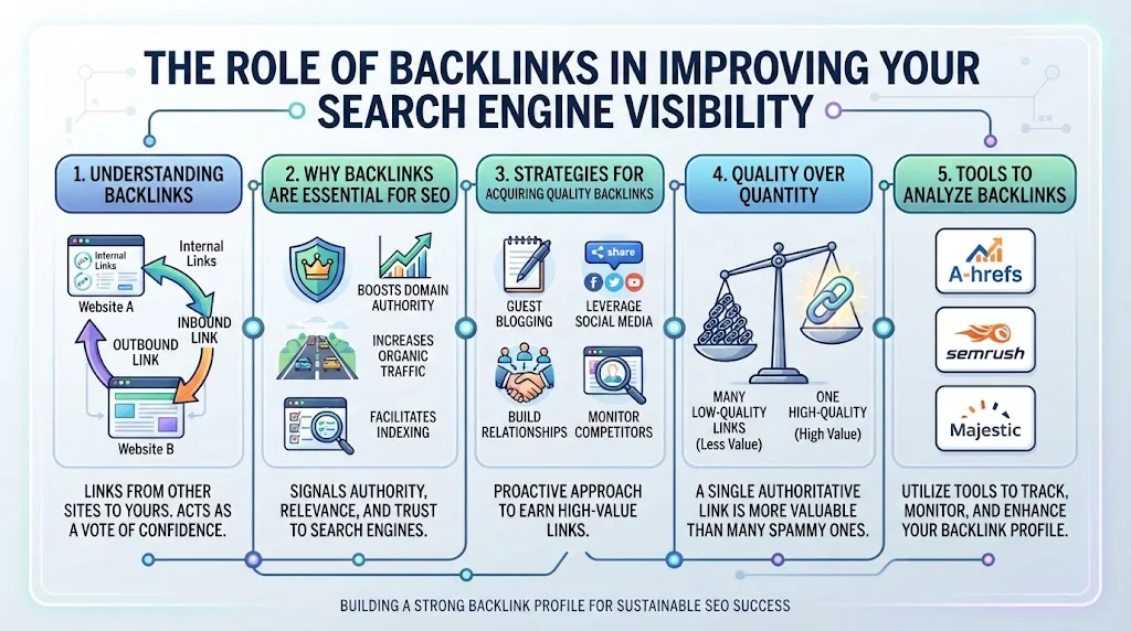 An infographic detailing the role of backlinks in SEO, covering types of links, their essential benefits, acquisition strategies, quality considerations, and analysis tools.