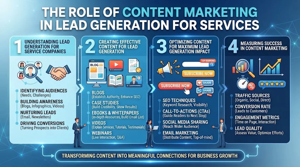 An infographic illustrating the role of content marketing in lead generation across four key steps: understanding lead generation, creating effective content, optimizing for impact, and measuring success.