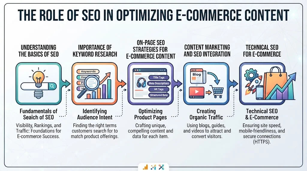 An infographic titled "THE ROLE OF SEO IN OPTIMIZING E-COMMERCE CONTENT," featuring five connected modules illustrating the process: Understanding SEO Basics, Keyword Research, On-Page Strategies, Content Integration, and Technical SEO.