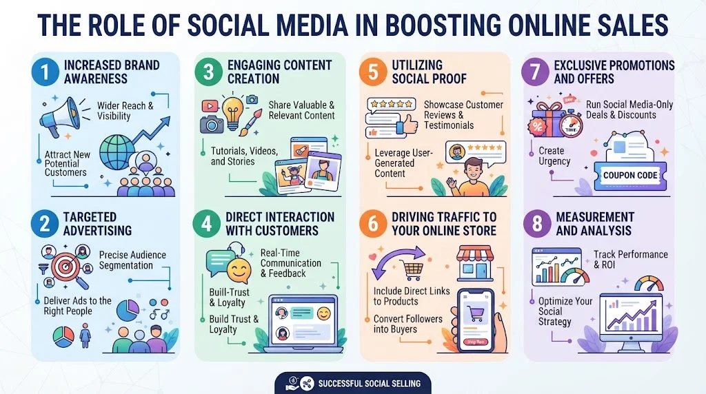 Infographic illustrating eight ways social media boosts online sales, covering brand awareness, targeted advertising, content creation, customer interaction, social proof, driving traffic, promotions, and analytics.