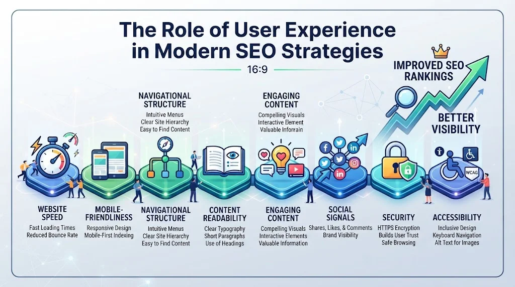 An infographic in a 16:9 ratio titled 'The Role of User Experience in Modern SEO Strategies' outlining eight key components from website speed to accessibility.