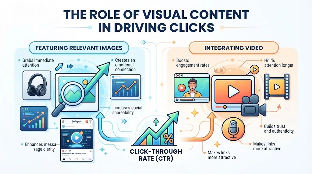 A 16:9 infographic illustrating the role of visual content in driving clicks, featuring split sections for relevant images and video integration alongside growth metrics.