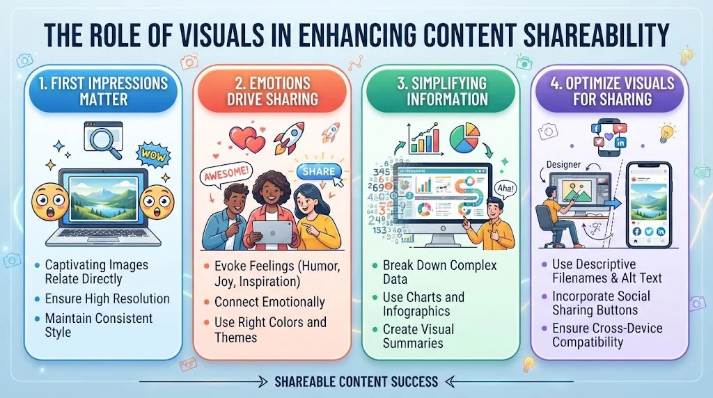An infographic titled 'THE ROLE OF VISUALS IN ENHANCING CONTENT SHAREABILITY,' divided into four numbered sections