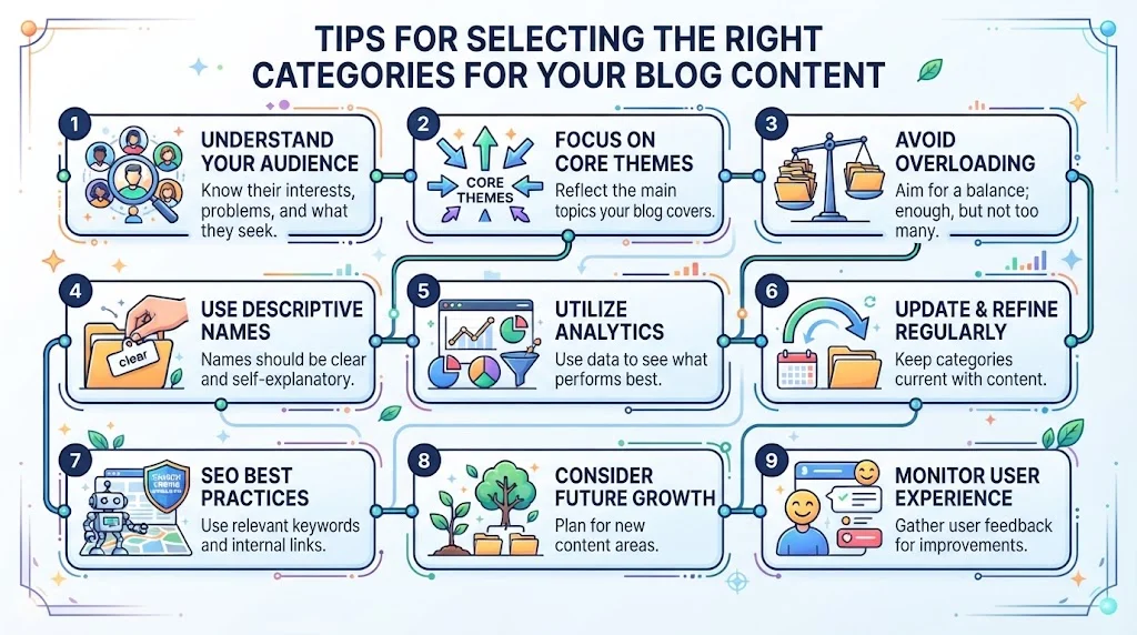 Infographic outlining nine essential tips for selecting the right blog categories, covering audience research, core themes, analytics, SEO best practices, and user experience.