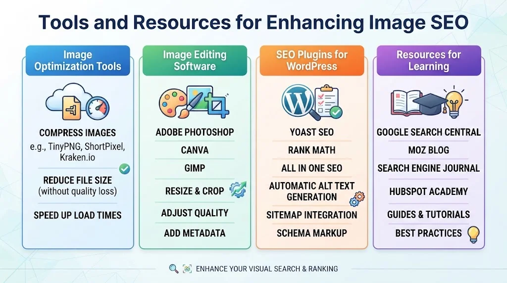 Infographic outlining various tools and resources for enhancing image SEO, categorized into optimization tools, editing software, WordPress plugins, and learning resources.