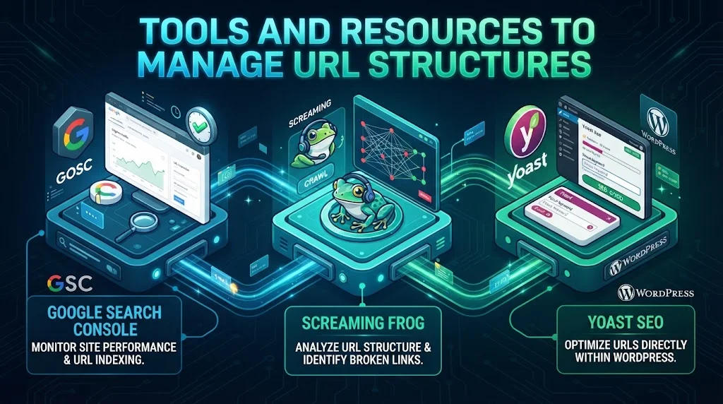 An isometric infographic titled 'TOOLS AND RESOURCES TO MANAGE URL STRUCTURES' illustrating three key tools: Google Search Console (for monitoring performance), Screaming Frog (for link analysis), and Yoast SEO (for WordPress optimization), all linked by glowing data streams