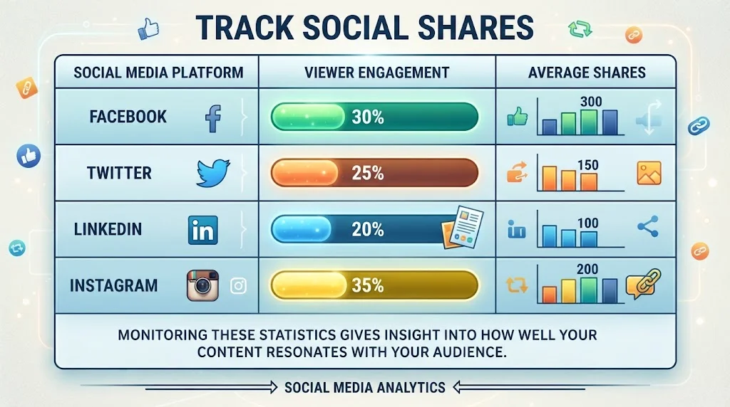 An infographic titled "TRACK SOCIAL SHARES" presents a table with three columns: "SOCIAL MEDIA PLATFORM", "VIEWER ENGAGEMENT", and "AVERAGE SHARES".