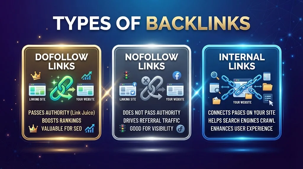 An infographic titled "TYPES OF BACKLINKS" with three glowing panels. From left to right: "DOFOLLOW LINKS" (green link, passes authority), "NOFOLLOW LINKS" (grey link, drives traffic, no authority), and "INTERNAL LINKS"