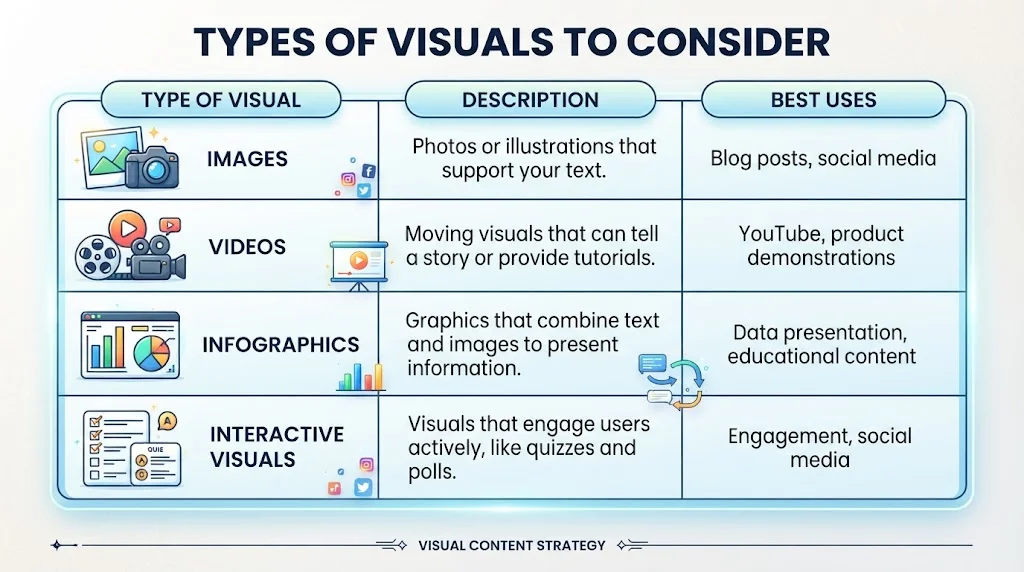 An infographic titled 'TYPES OF VISUALS TO CONSIDER' is organized into a four-row table with headers: 'TYPE OF VISUAL', 'DESCRIPTION', and 'BEST USES'. The rows detail: 'IMAGES' (description