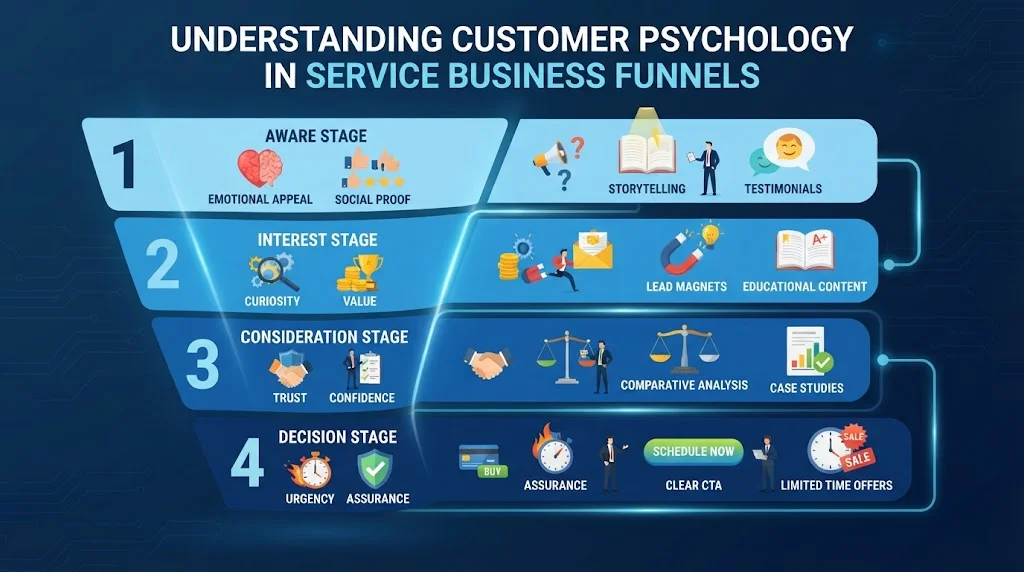 An infographic outlining the customer psychology in service business funnels across four stages: Aware, Interest, Consideration, and Decision.