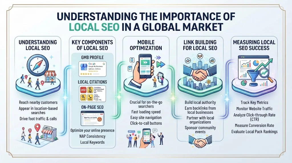 An infographic in a 16:9 ratio titled 'UNDERSTANDING THE IMPORTANCE OF LOCAL SEO IN A GLOBAL MARKET' outlining five core components from local search basics to success metrics.