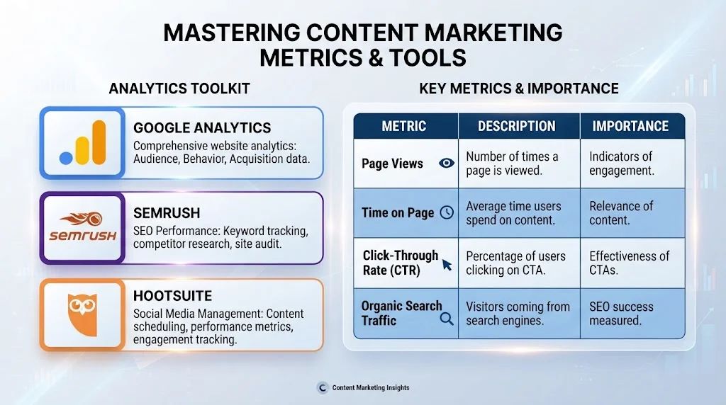 An infographic titled "MASTERING CONTENT MARKETING METRICS & TOOLS" is divided into two columns.