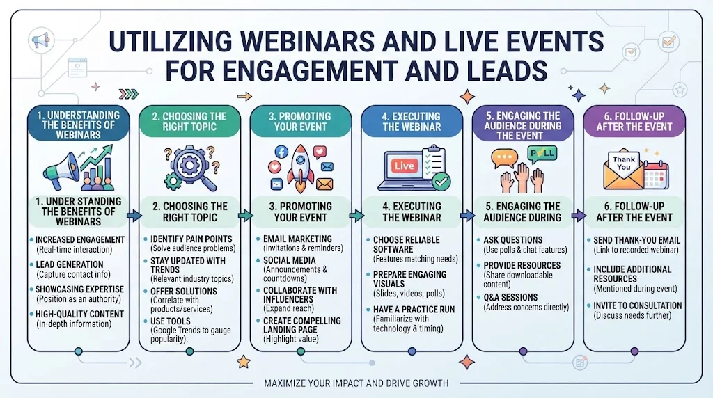 Infographic outlining six steps for utilizing webinars and live events for engagement and leads, covering benefits, topic selection, promotion, execution, audience engagement, and follow-up.