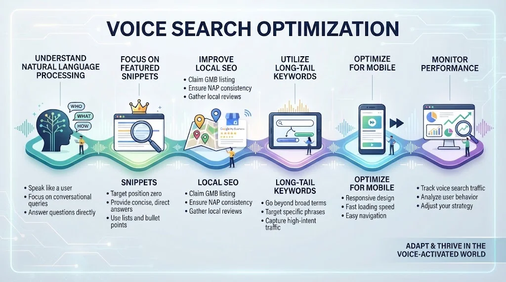 An infographic in a 16:9 ratio titled 'VOICE SEARCH OPTIMIZATION' outlining six key strategies from natural language processing to performance monitoring.