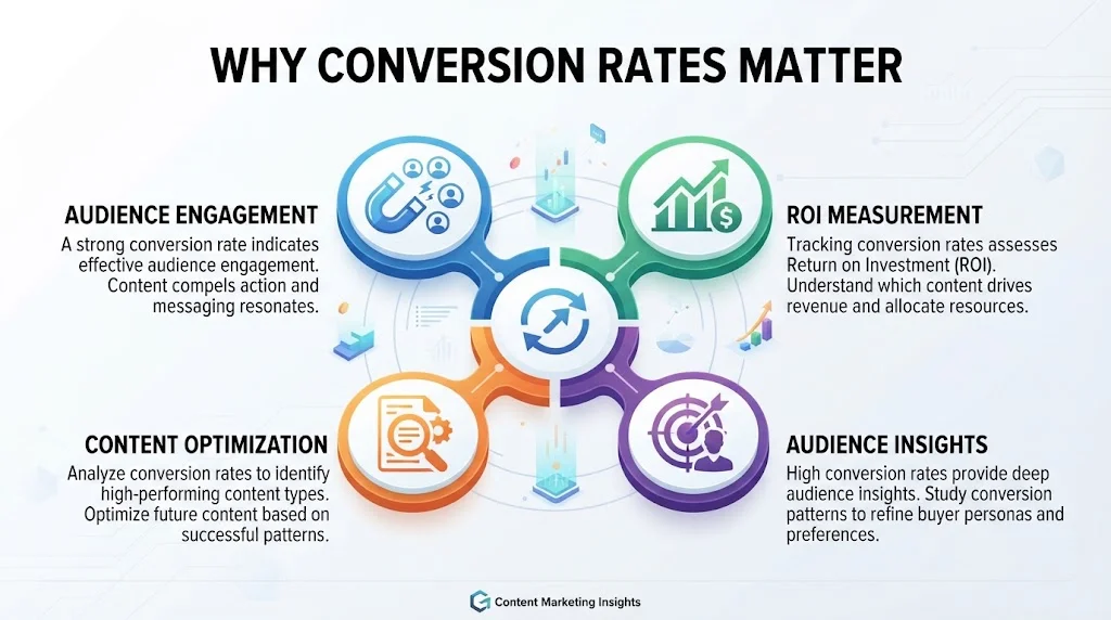 An infographic titled "WHY CONVERSION RATES MATTERS" highlights four core benefits surrounding a central graphic: Audience Engagement, ROI Measurement, Content Optimization, and Audience Insights.
