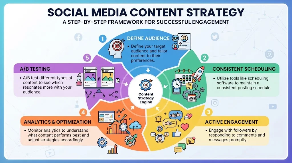 An infographic illustrating a 5-step social media content strategy: Define Audience, Consistent Scheduling, Active Engagement, Analytics & Optimization, and A/B Testing, arranged in a circular flow around a central 'Content Strategy Engine'.