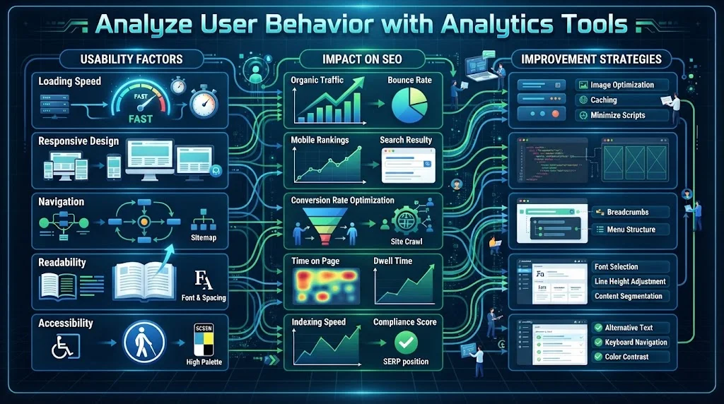 Infographic titled 'Analyze User Behavior with Analytics Tools' mapping usability factors to SEO impact and improvement strategies.
