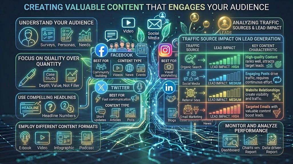 An infographic illustrating a "Content Growth Engine" tree with various marketing strategy panels.