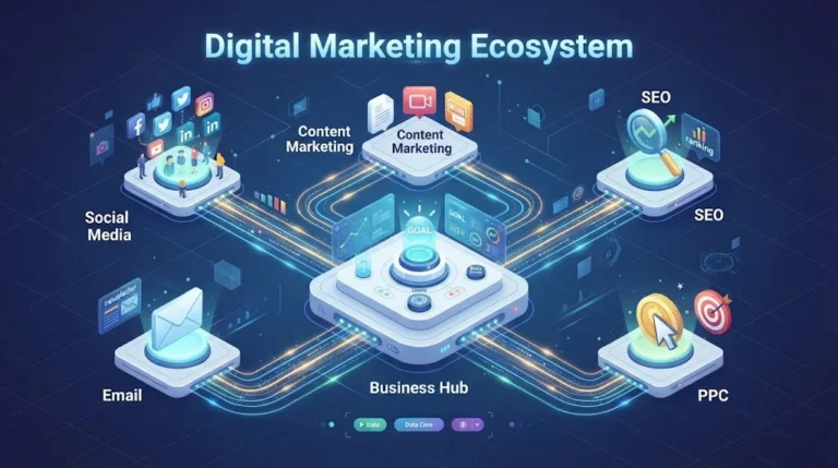 An isometric digital marketing dashboard illustrating a central business hub connected to social media, email, content marketing, SEO, and PPC nodes.
