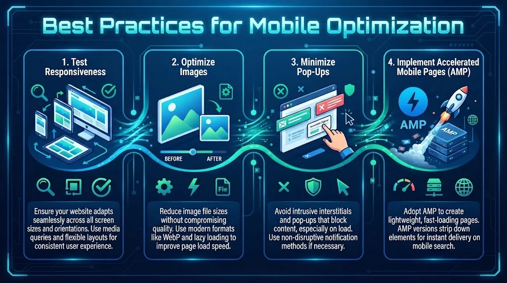 Infographic titled 'Best Practices for Mobile Optimization' detailing four key steps: Test Responsiveness, Optimize Images, Minimize Pop-Ups, and Implement Accelerated Mobile Pages (AMP).