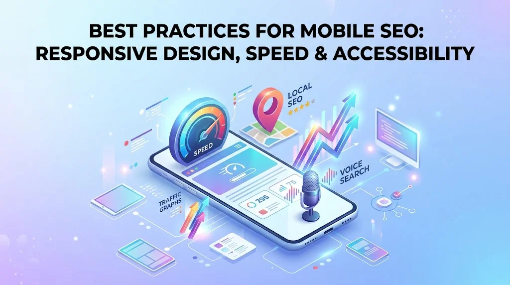 Infographic titled 'Guide to Creating Accessible & Optimized Mobile Content' displaying mobile content accessibility rules on the left and a structured comparison table of Mobile SEO best practices on the right.