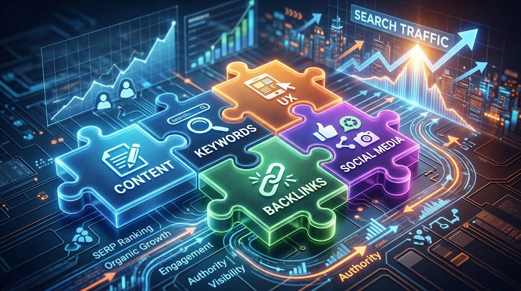 Interconnected glowing puzzle pieces labeled Content, Keywords, Backlinks, Social Media, and UX on a digital circuit board background symbolizing search traffic growth.