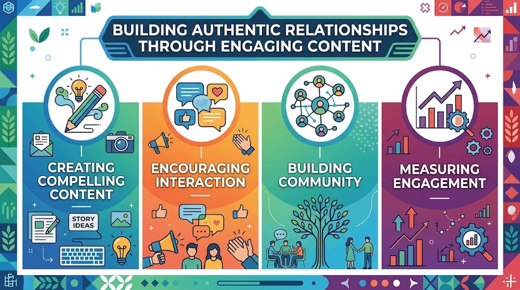 Colorful infographic on building authentic relationships through engaging content, covering compelling content, interaction, community, and measuring engagement.