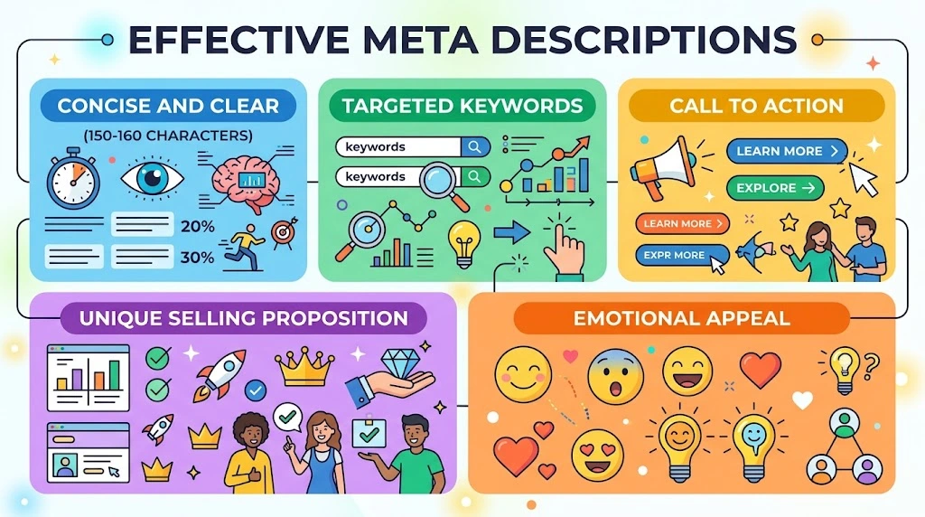 Infographic illustrating the characteristics of effective meta descriptions, including being concise and clear, using targeted keywords, having a call to action, highlighting a unique selling proposition, and adding emotional appeal.