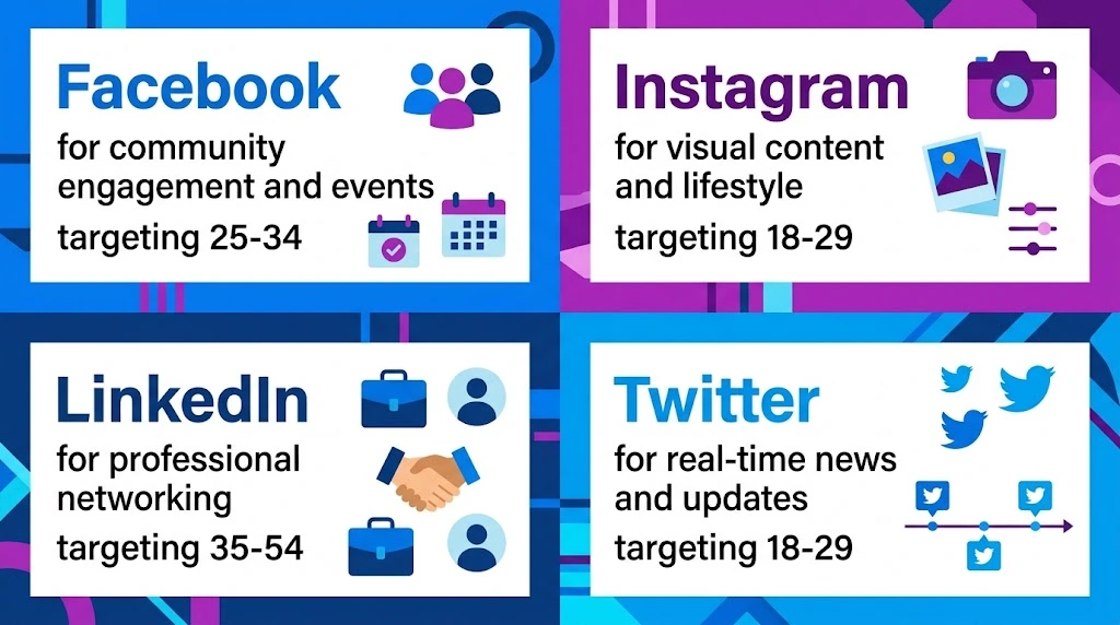 Social media platform comparison infographic detailing Facebook, Instagram, LinkedIn, and Twitter best uses and target demographics.
