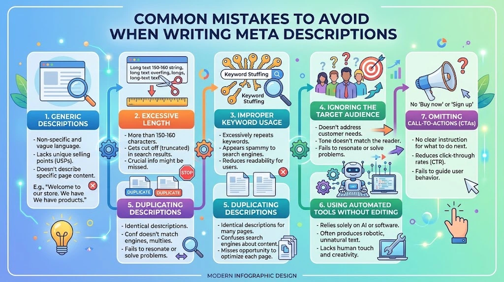 Infographic illustrating common mistakes to avoid when writing meta descriptions, including generic descriptions, excessive length, improper keyword usage, ignoring the target audience, duplicating descriptions, using automated tools, and omitting call-to-actions.