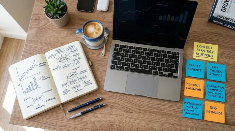 Flat-lay desk setup featuring a laptop, notebook with growth charts, coffee, and sticky notes for a content strategy blueprint.