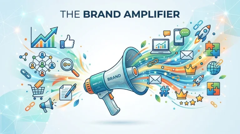 "Conceptual illustration titled 'The Brand Amplifier' featuring a modern megaphone emitting vibrant digital marketing icons, social media symbols, and analytics charts across a clean background."
