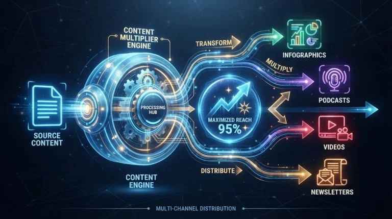 An isometric diagram of the Content Multiplier Engine illustrating a source document transforming through a central processing hub into infographics, podcasts, videos, and newsletters.