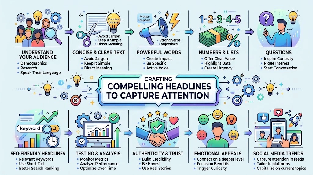 Infographic detailing strategies for crafting compelling headlines, including understanding the audience, clarity, power words, numbers, questions, SEO, testing, and emotional appeals.