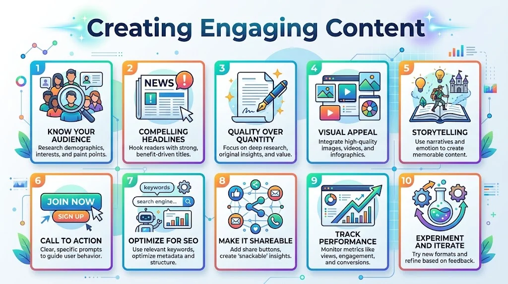 "Infographic titled 'Creating Engaging Content' outlining ten key elements: knowing your audience, compelling headlines, quality over quantity, visual appeal, storytelling, calls to action, SEO optimization, shareability, performance tracking, and experimentation."